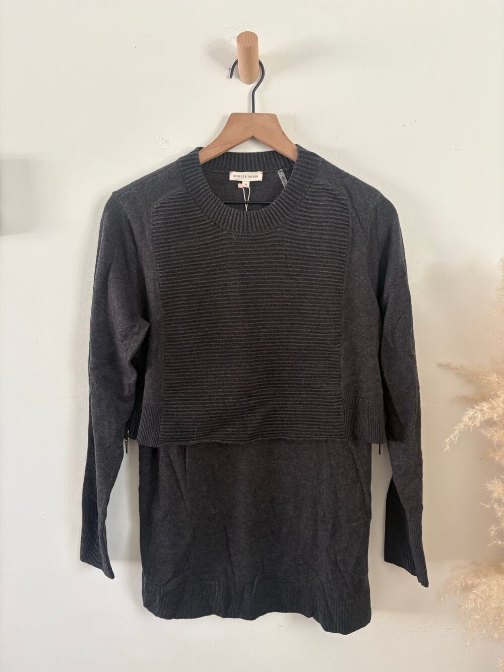 NWT Rebecca Taylor Rib Ottoman Crop Pullover Tunic Sweater Medium Charcoal Gray